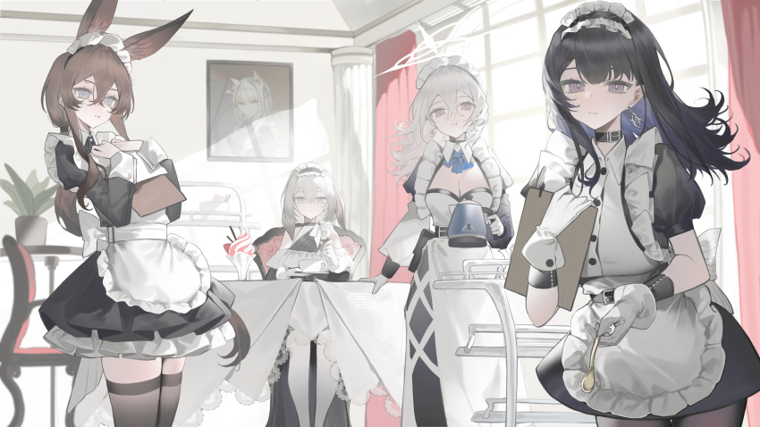 4girls :t absurdres alternate_costume amiya_(arknights) animal_ear_fluff animal_ears apron arknights arms_up bai_yao_(user_ygua7252) belt black_belt black_collar black_dress black_hair black_hairband blue_eyes blue_ribbon breasts brown_hair brown_thighhighs chinese_commentary cleavage clipboard closed_mouth collar collared_dress colored_inner_hair commentary_request dress earrings feet_out_of_frame frilled_apron frilled_dress frilled_hairband frills gloves grey_eyes grey_hair hair_between_eyes hairband halo hierda_(arknights) highres holding holding_clipboard holding_saucer holding_spoon holding_teapot jewelry kal&#039;tsit_(arknights) kal&#039;tsit_(maid)_(arknights) long_hair long_sidelocks long_sleeves looking_at_viewer maid maid_headdress multicolored_hair multiple_girls parted_lips portrait_(object) priestess_(arknights) puffy_sleeves purple_eyes purple_hair rabbit_ears rabbit_girl red_eyes ribbon saucer short_dress short_sleeves sidelocks sitting spoon standing table teapot thighhighs thighs two-tone_dress two-tone_hair vannini_(arknights) white_apron white_collar white_dress white_gloves white_halo white_thighhighs
