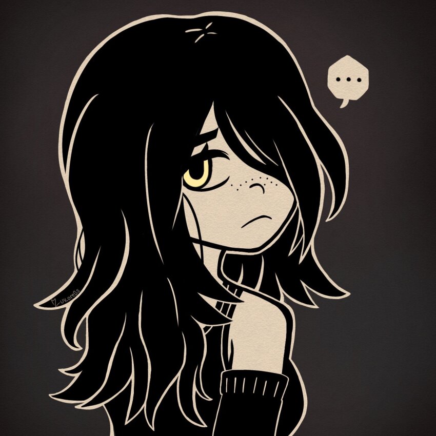 ... 1girl artist_name bare_shoulders detached_sleeves freckles from_behind frown grey_background hair_over_one_eye highres julia_(the_coffin_of_andy_and_leyley) long_hair looking_back luv_ore0s solo speech_bubble tank_top the_coffin_of_andy_and_leyley wavy_hair