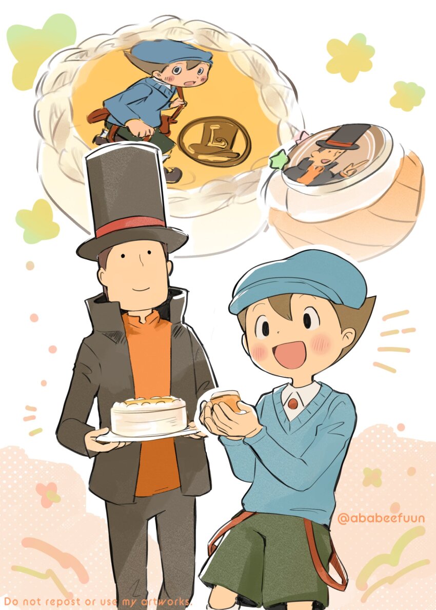 2boys :d abarenbou_bifun black_eyes blue_headwear blue_sweater blush brown_hair newsboy_cap cake closed_mouth collared_shirt commentary_request food green_shorts happy hat hershel_layton high_collar highres holding holding_food jacket long_sleeves luke_triton male_focus multiple_boys notice_lines open_clothes open_jacket open_mouth orange_sweater professor_layton shirt short_hair shorts smile standing suspenders suspenders_hanging sweater top_hat translation_request twitter_username white_shirt
