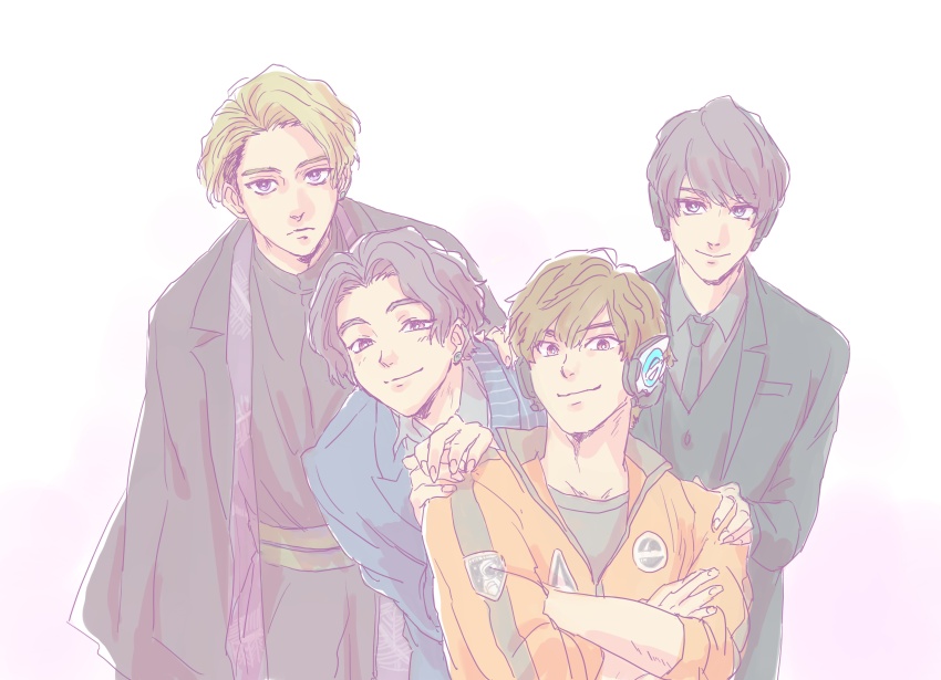 3boys absurdres amenoyoru black_hair black_necktie black_shirt black_suit black_vest blonde_hair blue_eyes blue_suit brown_hair closed_mouth collared_shirt crossed_arms earrings formal_clothes grey_shirt hand_on_another&#039;s_shoulder haori headgear highres horobi_(kamen_rider_01) ikazuchi_(kamen_rider_01) japanese_clothes jewelry jin_(kamen_rider_01) jumpsuit kamen_rider kamen_rider_01_(series) looking_at_viewer multiple_boys naki_(kamen_rider_01) necktie obi orange_eyes orange_jumpsuit pink_eyes purple_eyes sash shirt short_hair single_earring smile suit vest wavy_hair white_background
