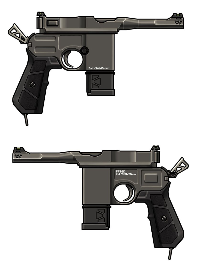commentary_request from_side gun handgun highres mauser_c96 multiple_views no_humans original simple_background spartan56_(116_spartan56) still_life weapon weapon_focus white_background