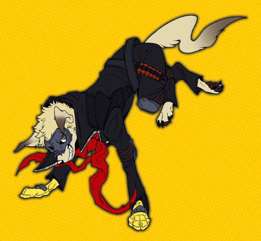 1boy animal_ears animalization axontatsu black_jacket black_pants blonde_hair colored_tips commentary_request dog dog_ears dog_nose dog_tail fangs grin highres jacket looking_at_viewer masked multicolored_hair pants persona persona_5 smile tail yellow_background yellow_fur