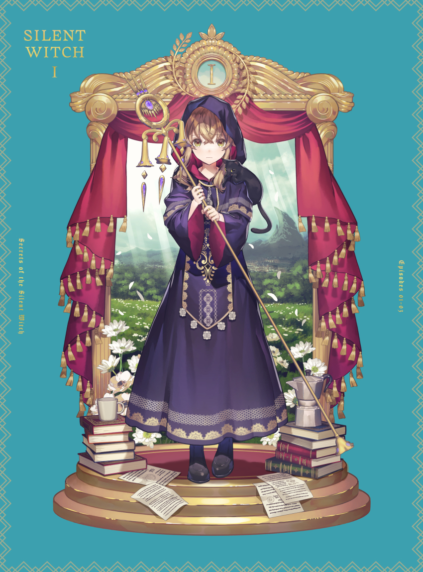 1girl absurdres black_cat brown_eyes brown_hair cat dress hair_between_eyes highres holding long_hair monica_everett nero_(silent_witch) official_art robe silent_witch
