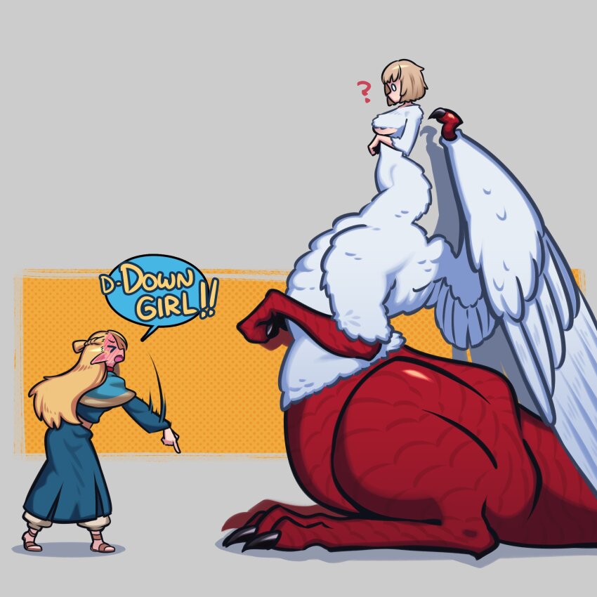 &gt;_&lt; 2girls absurdres blonde_hair blue_capelet blue_dress blush bob_cut breasts capelet commentary down_boy!!_(meme) dress dungeon_meshi english_commentary english_text falin_touden falin_touden_(chimera) feathered_wings full-face_blush half_updo highres large_breasts loen long_hair marcille_donato meme monster_girl multiple_girls pointing pointing_down pointy_ears underboob wings