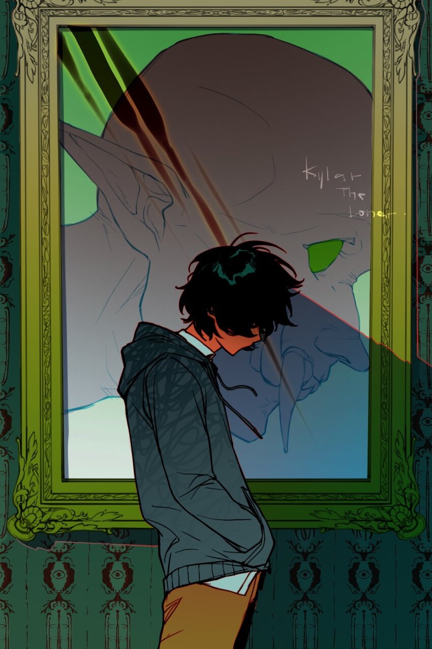 1boy black_hair black_hoodie brown_pants degrees_of_lewdity english_text from_side hands_in_pockets highres hood hoodie kylar_(degrees_of_lewdity) kylar_(male)_(degrees_of_lewdity) male_focus monster painting_(object) pants short_hair solo solublesalt123 standing