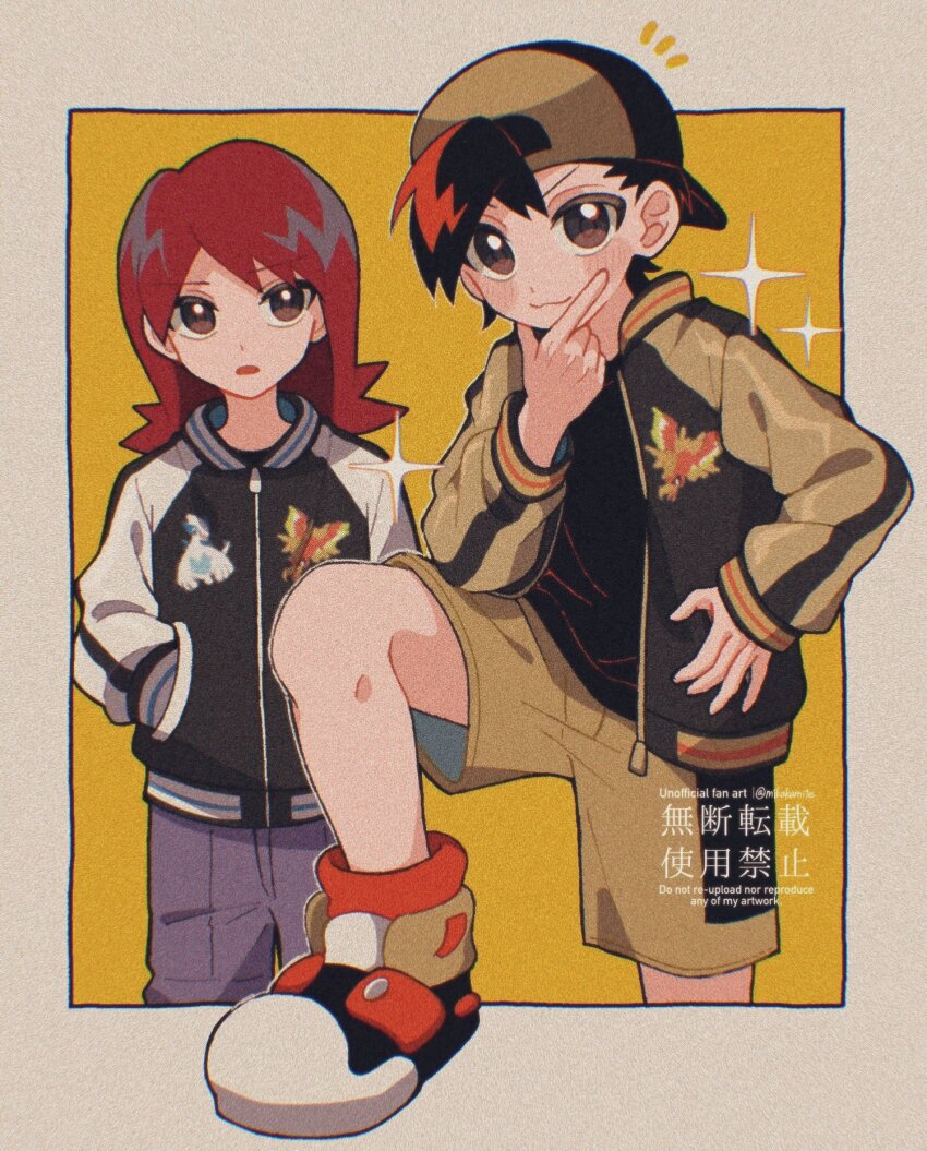 2boys black_hair blue_pants closed_mouth denim ethan_(pokemon) gen_2_pokemon hand_in_pocket hat highres ho-oh jacket jeans legendary_pokemon long_hair lugia male_focus mikakami1e multiple_boys nintendo open_clothes open_jacket open_mouth pants pokemon pokemon_(creature) pokemon_gsc red_hair shoes shorts silver_(pokemon) smile yellow_shorts zipper