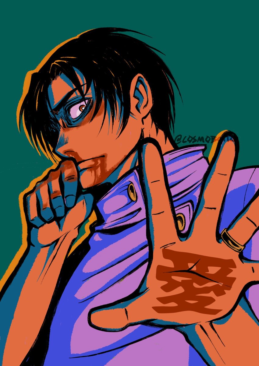 1boy black_hair bright_pupils closed_mouth csmbtc green_background highres jewelry jujutsu_kaisen looking_at_viewer male_focus okkotsu_yuuta purple_shirt red_eyes ring shirt short_hair simple_background solo translation_request twitter_username upper_body white_pupils