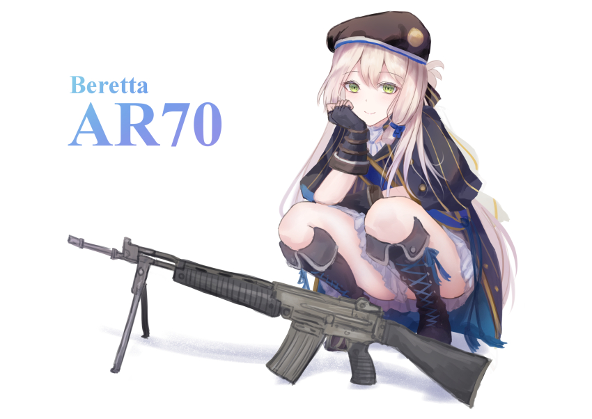 1girl absurdres ar70_(girls&#039;_frontline) assault_rifle beretta_ar70/90 bipod character_name girls&#039;_frontline gun highres long_hair looking_at_viewer martinreaction rifle solo weapon weapon_name white_background white_hair