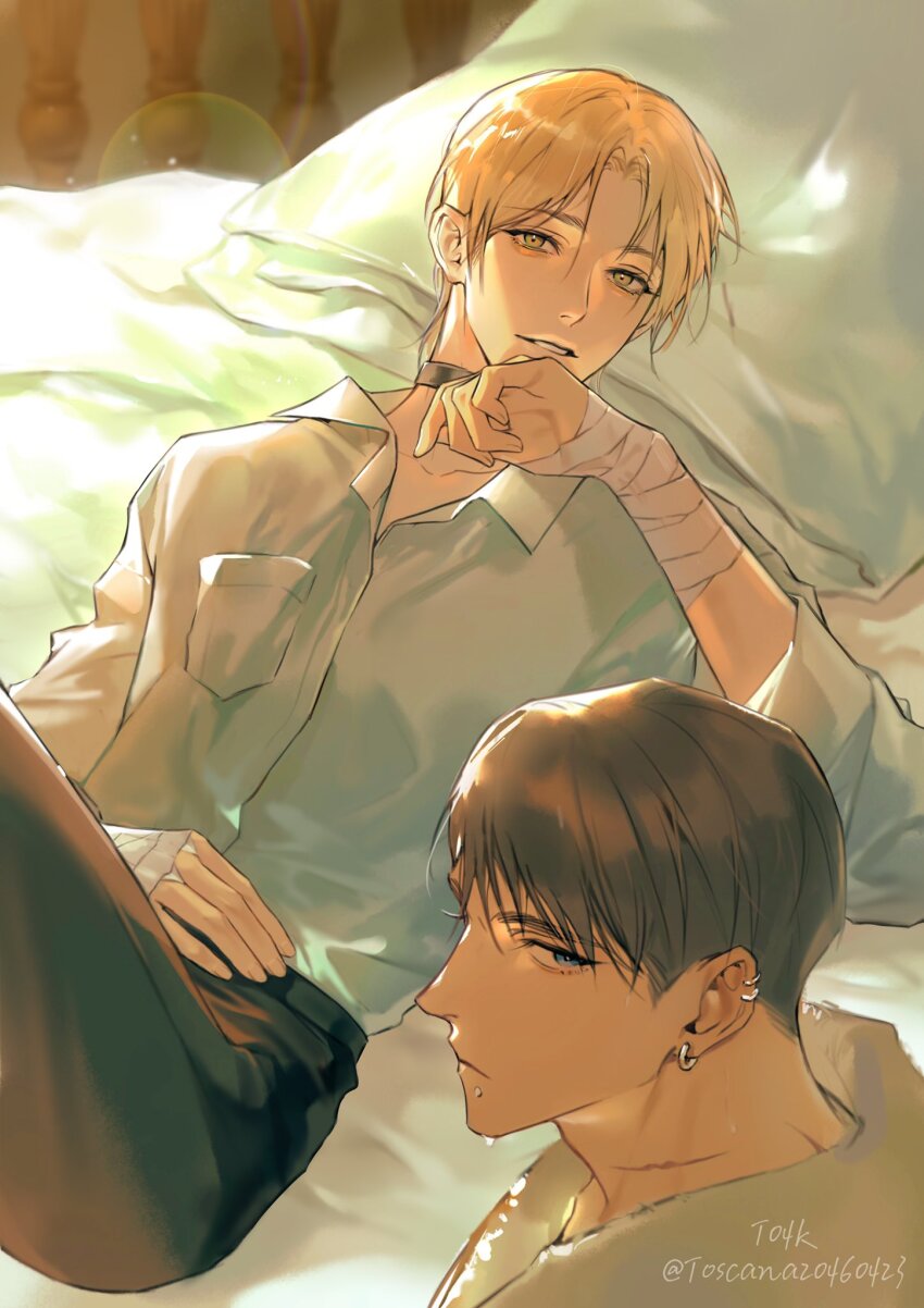 2boys artist_name bandaged_arm bandages black_pants blonde_hair blue_eyes closed_mouth collar collarbone commentary ear_piercing earrings grey_hair hair_between_eyes hand_on_own_face highres jewelry looking_at_viewer lying male_focus mouth_piercing multiple_boys on_back original pants parted_lips piercing scar scar_on_neck shirt short_hair sunlight symbol-only_commentary teeth toscana20460423 twitter_username upper_body water_drop wet white_shirt yellow_eyes