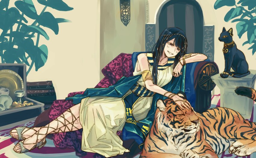 1girl 217find! ancient_egyptian_clothes animification black_cat black_hair brown_eyes cat chalice closed_eyes collarbone commentary_request cup dress full_body grey_sandals grin hanamiya_nina highres indoors kodukai_sosa long_dress long_hair looking_at_animal mole mole_under_eye petting real_life sandals sitting sleeveless sleeveless_dress smile solo sphynx_cat swept_bangs tiger voice_actor white_dress
