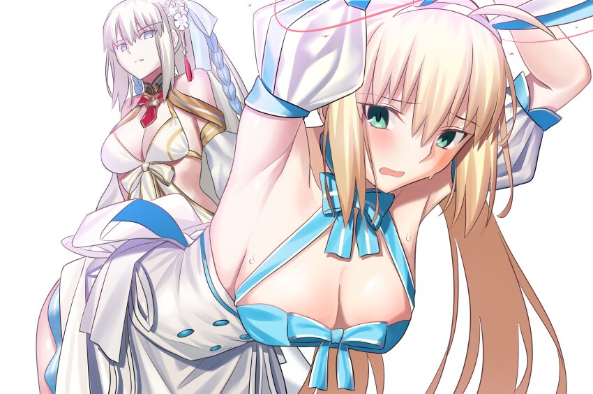 2girls absurdres ahoge animal_ears armpits artoria_caster_(fate) artoria_caster_(swimsuit_berserker)_(fate) artoria_caster_(swimsuit_berserker)_(second_ascension)_(fate) artoria_pendragon_(fate) blonde_hair blue_eyes braid breasts detached_sleeves dress fate/grand_order fate_(series) green_eyes highres large_breasts longdq3008 medium_breasts morgan_le_fay_(fate) morgan_le_fay_(water_princess)_(fate) multiple_girls ponytail rabbit_ears restrained scene_reference white_dress white_hair