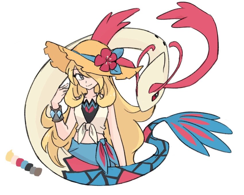 1girl blonde_hair blue_sarong brown_hat closed_mouth cynthia_(pokemon) cynthia_(summer_2025)_(pokemon) flower gen_3_pokemon grey_eyes hair_over_one_eye hat hat_flower highres long_hair looking_at_another midriff milotic nintendo official_alternate_costume pokemon pokemon_(creature) pokemon_masters_ex red_flower sarong smile sun_hat very_long_hair white_background xlii_idk