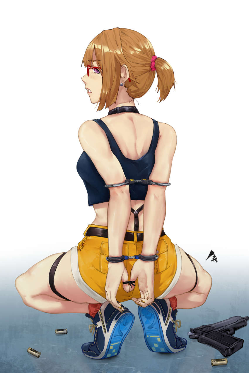 .50_action-express 1girl absurdres action_arms arms_behind_back bdsm blue_footwear bondage bound breasts shell_casing choker commercial_cartridge commission cuffs earrings from_behind full_body girls&#039;_frontline glasses grizzly_mkv_(girls&#039;_frontline) grizzly_mkv_(weekend_cop)_(girls&#039;_frontline) gun hair_ornament hair_scrunchie handcuffs handgun handgun_cartridge highres jewelry l.a.r._manufacturing lar_grizzly_win_mag looking_back magnum_cartridge official_alternate_costume pick&#039;k pistol_cartridge ponytail purple_eyes restrained scrunchie second-party_source short_hair short_ponytail short_shorts shorts skindentation socks squatting tank_top thigh_strap weapon yellow_shorts