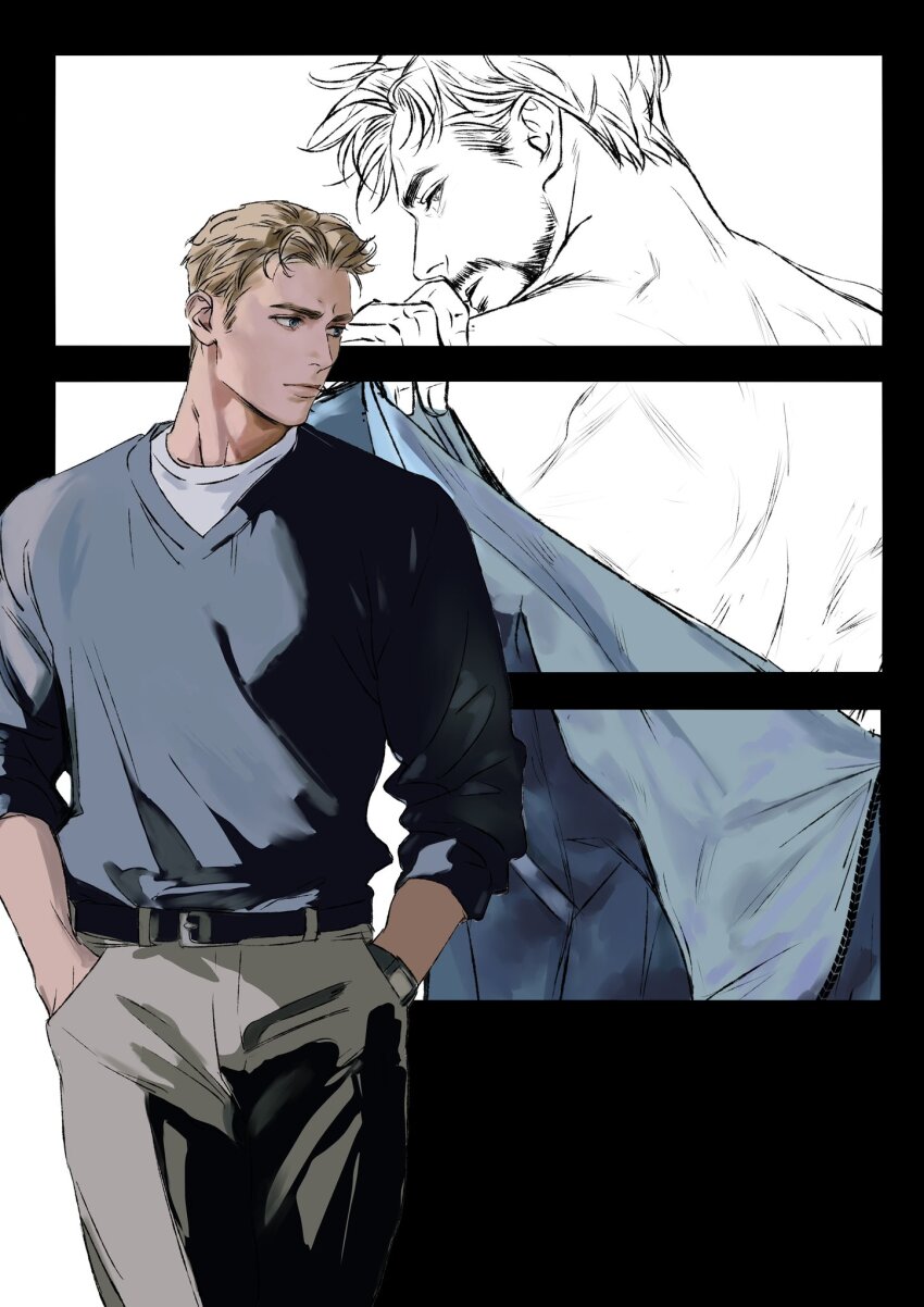 2boys avengers_(series) belt black_belt black_border blonde_hair blue_eyes blue_shirt blue_sweater border closed_mouth commentary cowboy_shot english_commentary facial_hair fingernails from_behind grey_pants hands_in_pockets highres implied_yaoi long_sleeves looking_afar looking_at_viewer looking_back male_focus malkogromit marvel multiple_boys outside_border pants puffy_long_sleeves puffy_sleeves shirt short_hair simple_background standing steve_rogers sweater tony_stark watch white_background white_shirt wristwatch