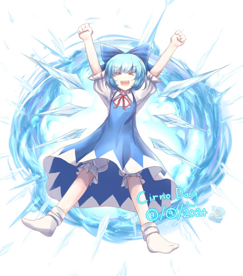 &gt;_&lt; 1girl bloomers blue_bow blue_dress blue_hair bow circled_9 cirno cirno_day clenched_hands commentary detached_wings dress english_commentary english_text frozen hair_bow highres ice ice_wings mixed-language_commentary neck_ribbon open_mouth pinafore_dress puffy_short_sleeves puffy_sleeves red_ribbon ribbon seal_(animal) short_sleeves sleeveless sleeveless_dress smile socks solo teeth there2007 touhou underwear upper_teeth_only white_bloomers white_socks wings