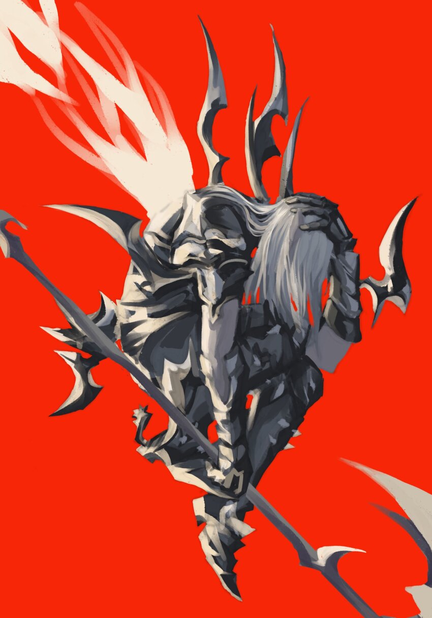 armor commentary estinien_varlineau final_fantasy final_fantasy_xiv from_side full_body gauntlets greaves greyscale_with_colored_background hand_on_own_head highres holding holding_polearm holding_weapon inferno_030 knees_up long_hair polearm red_background spiked_armor weapon