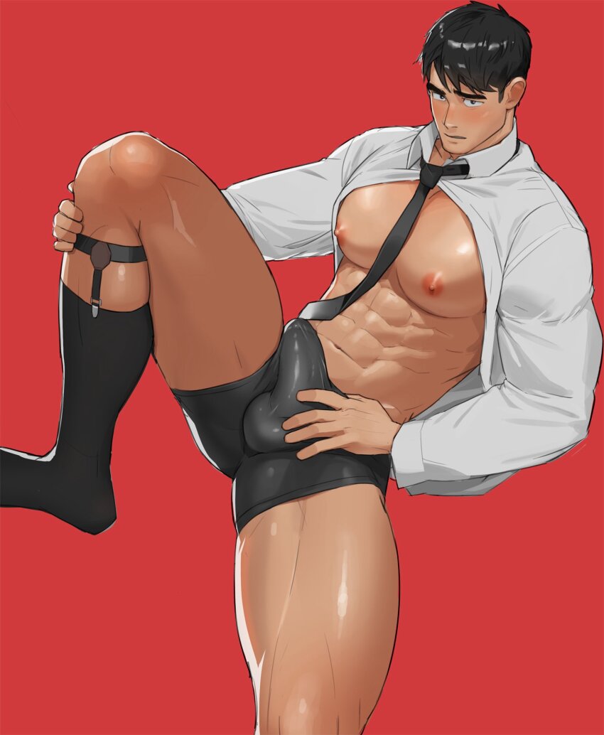 1boy abs bara bare_pectorals black_hair black_male_underwear black_necktie blush bulge closed_mouth clothes_lift collared_shirt commentary english_commentary erection erection_under_clothes foot_out_of_frame highres leg_up legwear_garter long_sleeves looking_at_viewer male_focus male_underwear naoki_(xhju8282) navel necktie nipples original pectorals penis red_background shiny_skin shirt shirt_lift short_hair solo testicles underwear white_shirt wing_collar