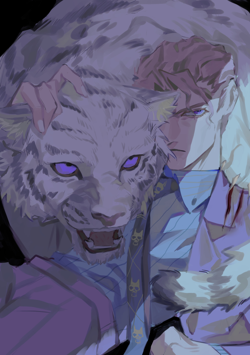 1boy animal black_background blue_necktie blue_shirt claws closed_mouth collared_shirt commentary commentary_request cuts diamond_wa_kudakenai formal_clothes highres injury jacket jojo_no_kimyou_na_bouken kari1219 kira_yoshikage long_sleeves looking_at_viewer male_focus necktie pants petting pinstripe_pattern pinstripe_shirt purple_eyes purple_jacket purple_pants shirt short_hair solo suit tiger white_tiger