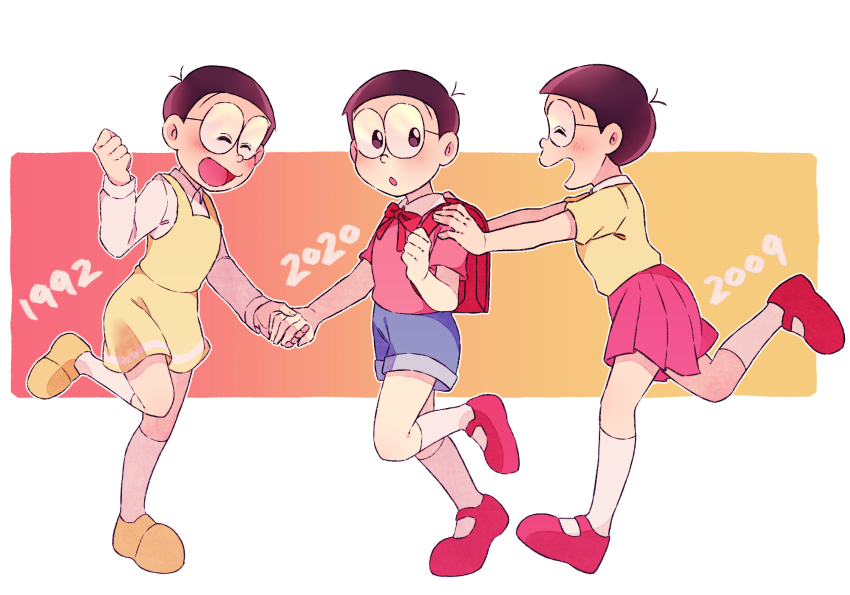 1992 2009 2020 3boys backpack bag crossdressing denim denim_shorts doraemon dress gradient_background hands_on_another&#039;s_shoulders highres kneehighs kodo_(cd) leg_up multiple_boys multiple_persona nobi_nobita pinafore_dress randoseru shorts skirt sleeveless sleeveless_dress smile socks