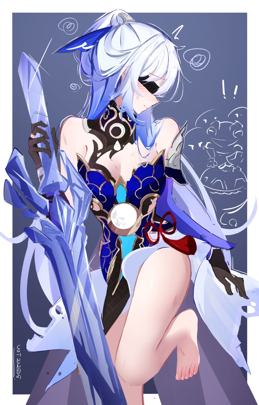 1girl absurdres bare_shoulders black_collar black_gloves blindfold blue_background blue_dress blue_ribbon blue_skirt blush border breasts chinese_commentary cleavage closed_mouth collar commentary_request dated dress feet gloves hair_ribbon highres holding holding_sword holding_weapon honkai:_star_rail honkai_(series) jingliu_(honkai:_star_rail) legs long_hair medium_breasts ribbon skirt solo sword toes very_long_hair voi_271 weapon white_border