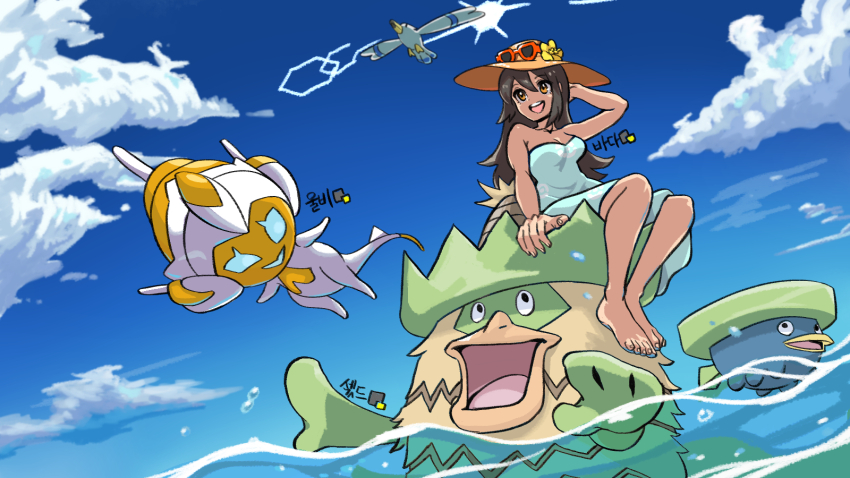 1girl :d alternate_color arm_support barefoot breasts cleavage cloud commentary day dress eyewear_on_headwear flower gen_3_pokemon gen_7_pokemon gigobyte350 hand_up hat hat_flower highres long_hair lotad ludicolo nintendo open_mouth outdoors poipole pokemon pokemon_(creature) pokemon_sm riding riding_pokemon shiny_pokemon sightseer_(pokemon) sky smile strapless strapless_dress sunglasses teeth toes ultra_beast upper_teeth_only water wingull yellow_flower