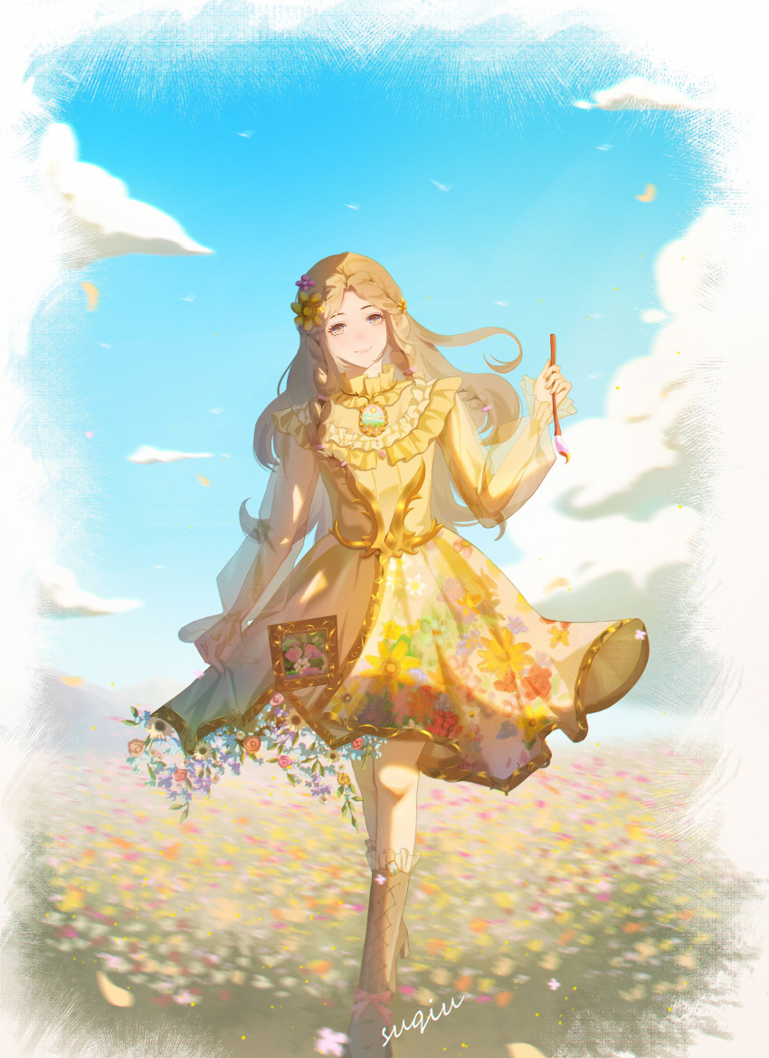 1girl absurdres blue_sky border bow braid brown_eyes brown_hair brown_shoes brown_socks character_request closed_mouth cloud collared_dress commentary cross-laced_clothes cross-laced_legwear day dress english_commentary eyelashes field floating_clothes floating_hair floral_print flower flower_field foot_out_of_frame footwear_bow frilled_dress frilled_sleeves frilled_socks frills hair_flower hair_ornament happy high_heels highres holding holding_paintbrush kneehighs light_blush lips long_hair long_sleeves medium_dress nikki_(series) outdoors paintbrush painting_(object) parted_bangs picture_frame pink_bow pink_flower pink_lips puffy_long_sleeves puffy_sleeves see-through_clothes see-through_sleeves shining_nikki shoes signature sky sleeves_past_wrists socks solo suqiu twin_braids walking white_border wind yellow_dress yellow_flower