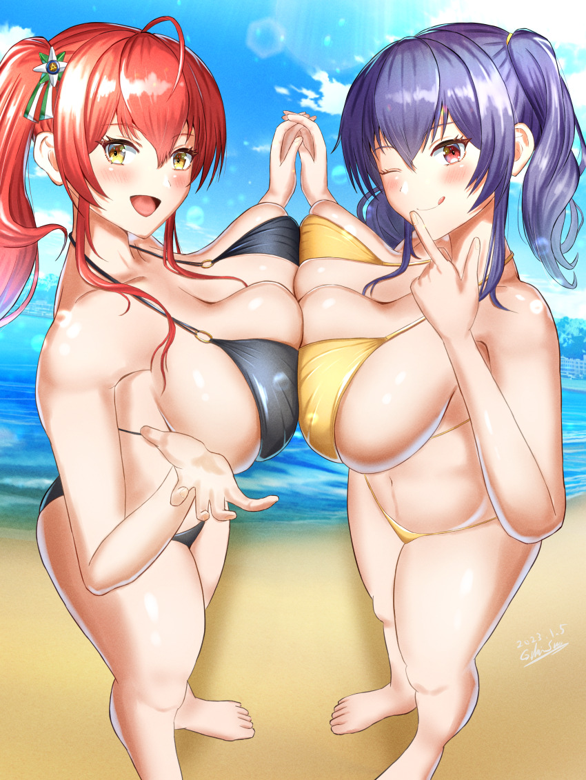 2023 absurdres azur_lane beach bikini black_bikini breast_press breasts cleavage day gekisum hair_between_eyes highres huge_breasts italian_flag long_hair looking_at_viewer o-ring o-ring_bikini official_alternate_costume outdoors pola_(azur_lane) pola_(seaside_coincidence)_(azur_lane) purple_hair red_eyes red_hair sand siblings signature sisters swimsuit symmetrical_docking yellow_bikini yellow_eyes yuri zara_(azur_lane) zara_(poolside_coincidence)_(azur_lane)