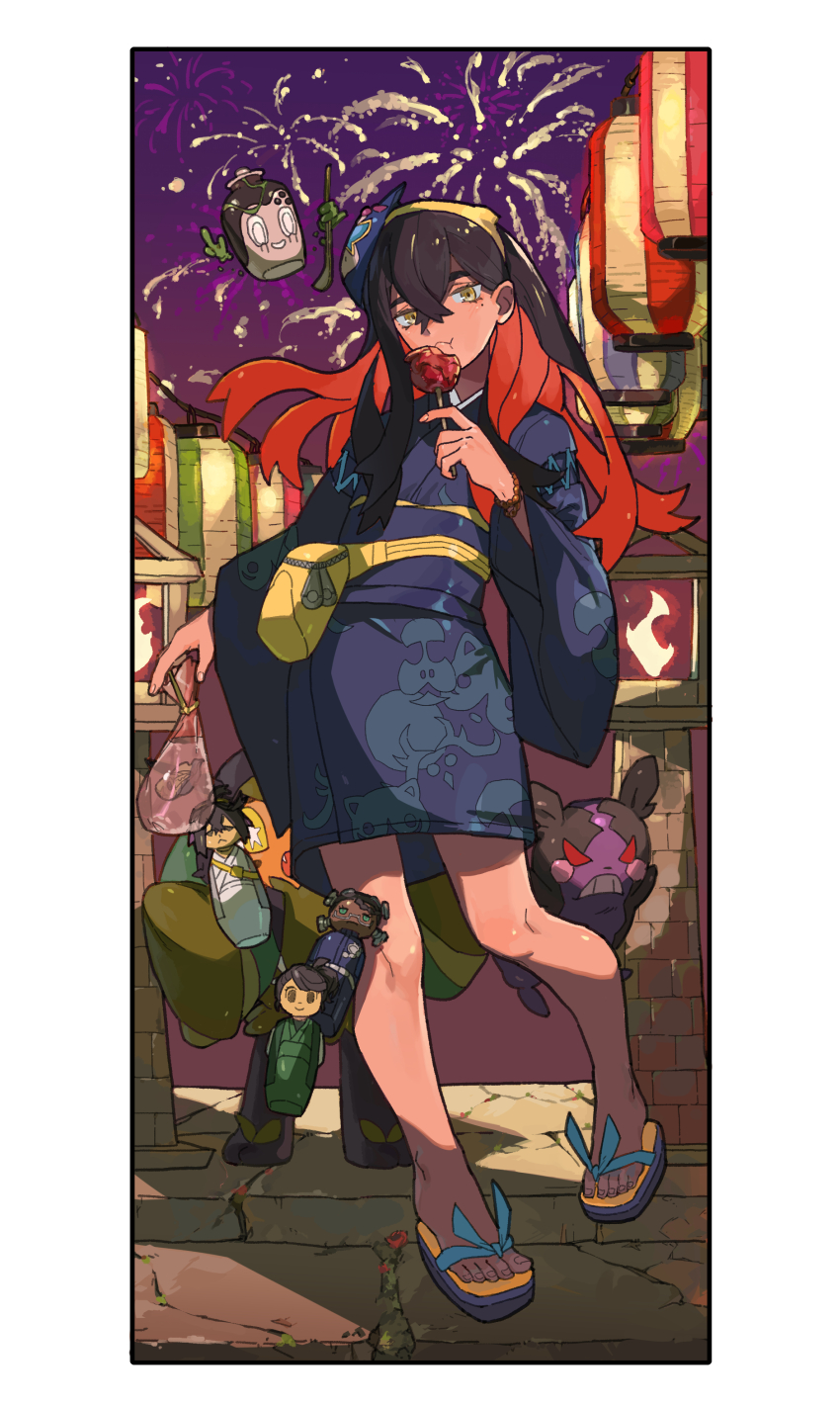 1girl absurdres adapted_costume amarys_(pokemon) arm_at_side black_hair blue_yukata border cameo candy_apple carmine_(pokemon) character_doll clenched_hand colored_inner_hair crossed_bangs eating expressionless eyebrows_hidden_by_hair eyelashes fanny_pack feet female_focus fingernails fireworks floating floating_hair food full_body gen_8_pokemon gen_9_pokemon geta hair_between_eyes hair_ornament hairband hand_up heel_up hiding hiding_behind_another highres japanese_clothes juliana_(pokemon) ke_zhongxiao_niao kieran_(pokemon) kimono legs long_hair long_sleeves looking_at_viewer mask mask_on_head mole mole_under_eye morpeko multicolored_hair munkidori neck night night_sky nintendo obi ogerpon outdoors pokemon pokemon_sv poltchageist print_yukata red_hair sandals sash shiny_skin short_kimono short_yukata shy sidelocks size_difference sky standing summer summer_festival thighs toenails toes wavy_hair white_border wide_sleeves yellow_bag yellow_eyes yellow_hairband yukata