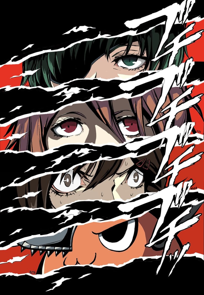 1boy 2girls angel_devil_(chainsaw_man) black_hair brown_hair chainsaw chainsaw_man eiji_nochi eye_focus eyepatch green_eyes hair_between_eyes hair_ornament hairclip higashiyama_kobeni highres himeno_(chainsaw_man) long_hair looking_at_viewer looking_to_the_side multiple_girls parody persona_eyes pochita_(chainsaw_man) red_background red_eyes red_hair short_hair simple_background style_parody sweat