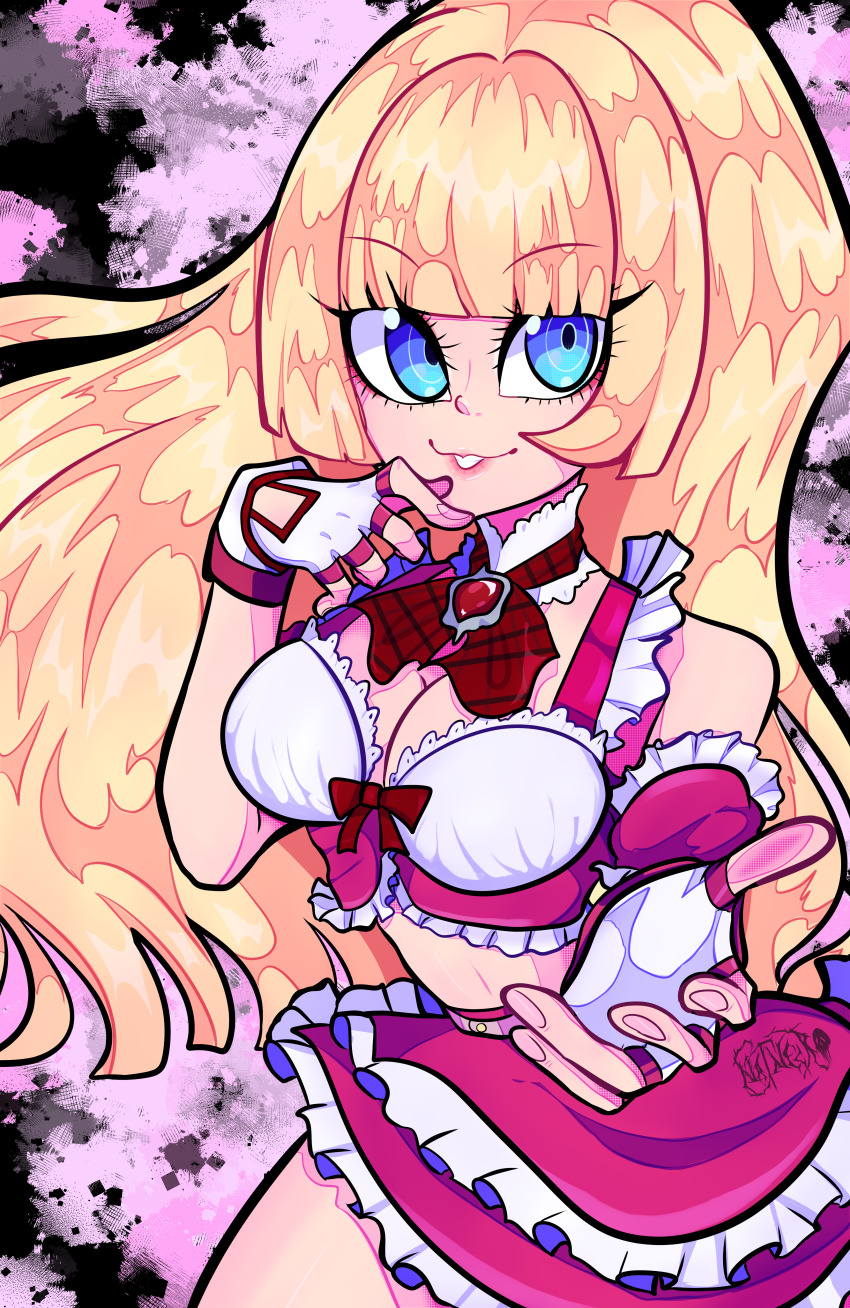 1girl absurdres blonde_hair blue_eyes breasts cleavage crop_top emilie_de_rochefort fingerless_gloves gloves highres large_breasts lips long_hair miniskirt natnecro skirt tekken tekken_tag_tournament_2 very_long_hair