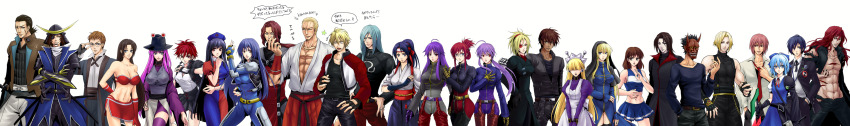 6+girls absurdres adelheid_bernstein adjusting_eyewear advent_cirno ahoge akatsuki_kazuya black_gloves black_headwear black_jacket black_pants black_shirt black_skirt black_vest blonde_hair blue_bow blue_dress blue_hair blue_skirt blush bow breasts brown_hair brown_vest character_request cirno cleavage cosplay crop_top crossed_arms crossover dark-skinned_male dark_skin date_masamune_(sengoku_basara) dress eyepatch fingerless_gloves flamme_ametrine fliz_emerald formal_clothes geese_howard gloves goeniko hair_bow hair_over_eyes hairband hand_on_eyewear highres jacket johann k&#039;_(kof) katakura_kojuurou_(sengoku_basara) kenen_shi kill_(mugen) kula_diamond large_breasts lineup long_hair long_image looking_at_viewer lord_ravenous lyzer_spinel m.u.g.e.n magatsu_barai mask meld_(mugen) moriya_suwako moriya_yae mugennagi multiple_crossover multiple_girls muscular muscular_male necktie one_eye_closed one_side_up oni_mask oni_tachibana pants pectoral_cleavage pectorals persona persona_3 pink_hair ponytail psyqhical purple_hair rage_of_the_dragons raiya_(angel_eyes) red_dress red_hair red_hairband red_necktie red_pants red_skirt remy_(street_fighter) robot_ears rock_howard ryuuko_no_ken samurai scar scar_on_chest sengoku_basara shirt short_hair simple_background skirt sleeveless sleeveless_shirt speech_bubble standing street_fighter street_fighter_iii_(series) sunglasses tesse the_king_of_fighters toudou_kasumi touhou touki_denshou:_angel_eyes translation_request two-tone_dress v_arms very_short_hair vest waku_waku_7 white_background white_pants white_shirt wide_image yagokoro_eirin yagokoro_eirin_(cosplay) yuuki_makoto_(persona_3)