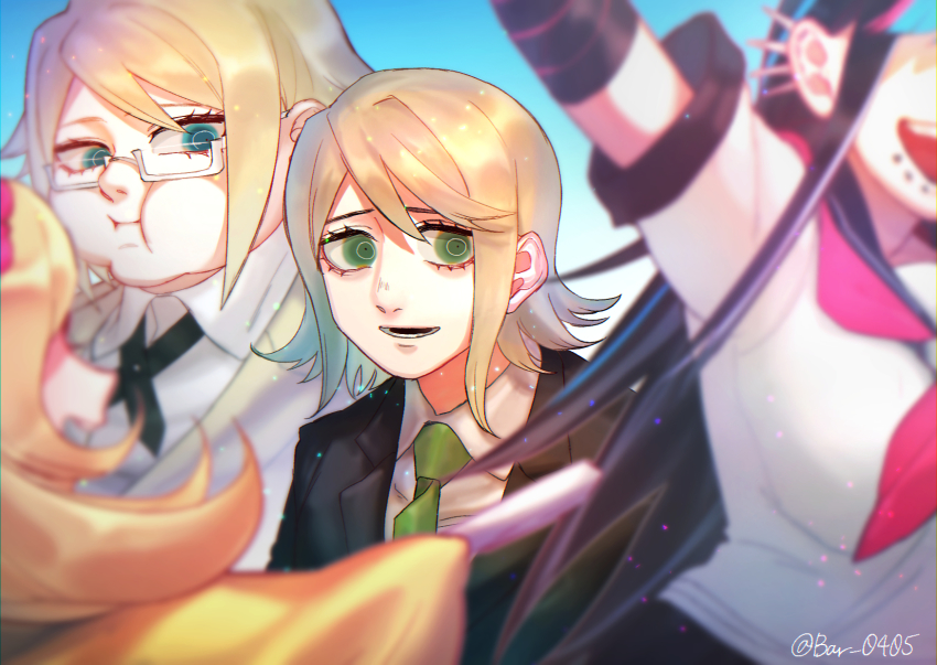 2boys 2girls arm_up artist_name baru_(bar_0405) black_jacket blonde_hair blur_censor blurry blurry_foreground breasts censored chromatic_aberration collared_shirt commentary_request danganronpa_(series) danganronpa_3_(anime) depth_of_field fat fat_man glasses green_eyes green_neckwear highres jacket japanese_clothes kimono large_breasts long_hair lower_teeth_only mioda_ibuki mitarai_ryota motion_blur multiple_boys multiple_girls neckerchief necktie open_mouth sailor_collar saionji_hiyoko semi-rimless_eyewear shirt short_hair short_sleeves smile teeth togami_byakuya_(danganronpa_2) twitter_username white_jacket