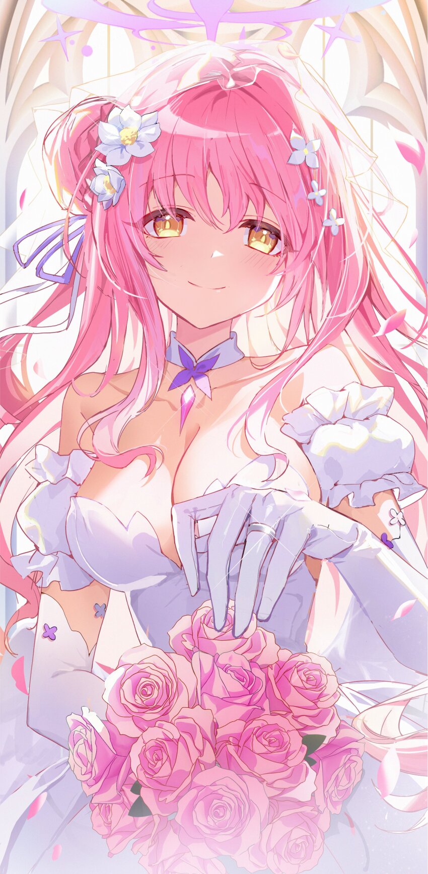 1girl absurdres alternate_costume b_soyo1 bare_shoulders blue_archive bouquet breasts bridal_veil cleavage closed_mouth dress elbow_gloves flower gloves hair_bun hair_flower hair_ornament highres holding holding_bouquet long_hair looking_at_viewer mika_(blue_archive) pink_flower pink_hair pink_rose reaching reaching_towards_viewer rose single_hair_bun smile solo veil wedding_dress white_dress white_gloves yellow_eyes