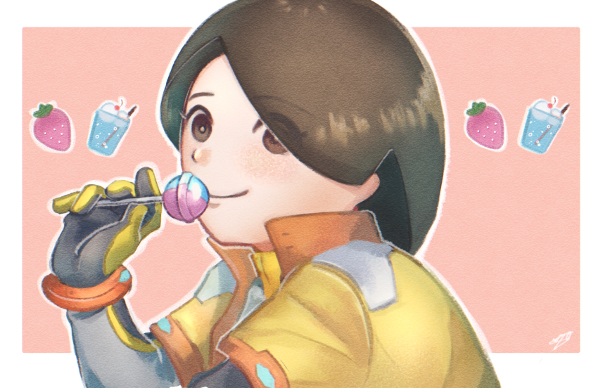 1girl animification black_gloves black_hair blush bodysuit border breasts brown_eyes brown_hair candy closed_mouth commentary cup drink drinking_straw eating eyes_visible_through_hair food fruit gloves hair_over_one_eye hand_up high_collar highres holding holding_candy holding_food holding_lollipop jacket lollipop long_hair looking_at_viewer mii_(nintendo) mii_gunner mii_gunner_(smash_ultimate) nintendo nyo02921978 outline pink_background short_hair short_sleeves signature simple_background smile solo strawberry super_smash_bros. upper_body white_border white_outline yellow_jacket