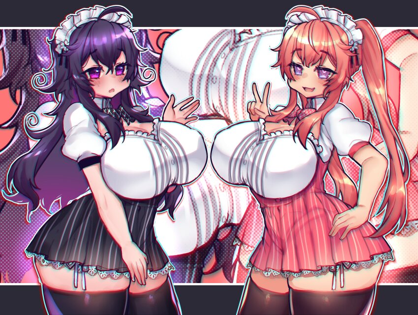 2girls absurdres ahoge black_skirt black_thighhighs breasts cleavage crawling_dreams creator_connection curvy heart heart-shaped_pupils highres kireina_(osiimi) large_breasts long_hair maid maid_headdress multiple_girls nyarla_(osiimi) orange_hair original osiimi pink_skirt purple_eyes purple_hair skirt symbol-shaped_pupils thick_thighs thighhighs thighs twintails v virtual_youtuber zoom_layer