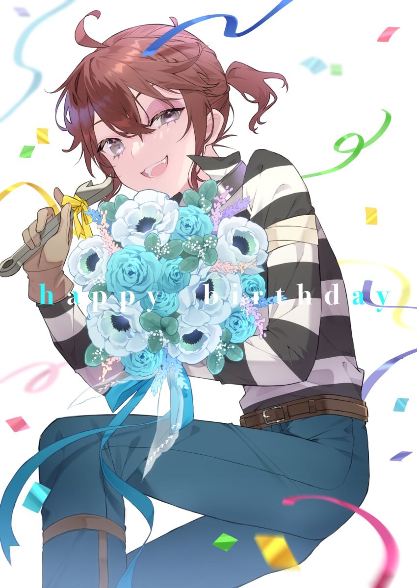 1boy :3 :d ahoge anemone_(flower) bandages_over_clothes belt blue_flower blue_rose bouquet brown_belt brown_gloves brown_hair bruise bruised_eye commentary_request confetti cowboy_shot crossed_bangs denim fang floating_hair flower gloves grey_eyes happy_birthday highres holding holding_bouquet holding_wrench identity_v injury jeans leg_brace looking_back luca_balsa male_focus nikunikuoda open_mouth pants ponytail popped_collar rose shirt short_ponytail sidelocks smile solo striped_clothes striped_shirt uneven_eyes white_flower wrench