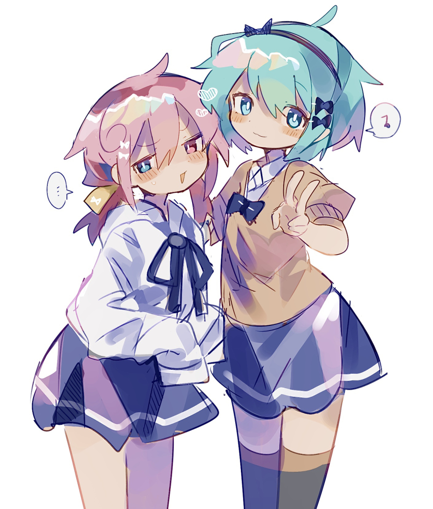 ... 2girls ahoge black_bow black_skirt blue_eyes blue_hair blush bow bow_hairband bow_print brown_sweater collared_shirt genderswap genderswap_(mtf) hair_between_eyes hair_bow hair_clipper hair_ornament hairband hairclip happy heterochromia highres hood hoodie light_blue_hair long_sleeves looking_at_viewer multiple_girls musical_note natsuki_(uenomigi) open_mouth original peace pink_eyes pink_hair raito-kun_(uenomigi) shirt short_hair short_sleeves siblings sidelocks simple_background sisters skirt smile socks speech_bubble spoken_ellipsis spoken_musical_note sweater thighhighs triangle_mouth uenomigi v white_hoodie