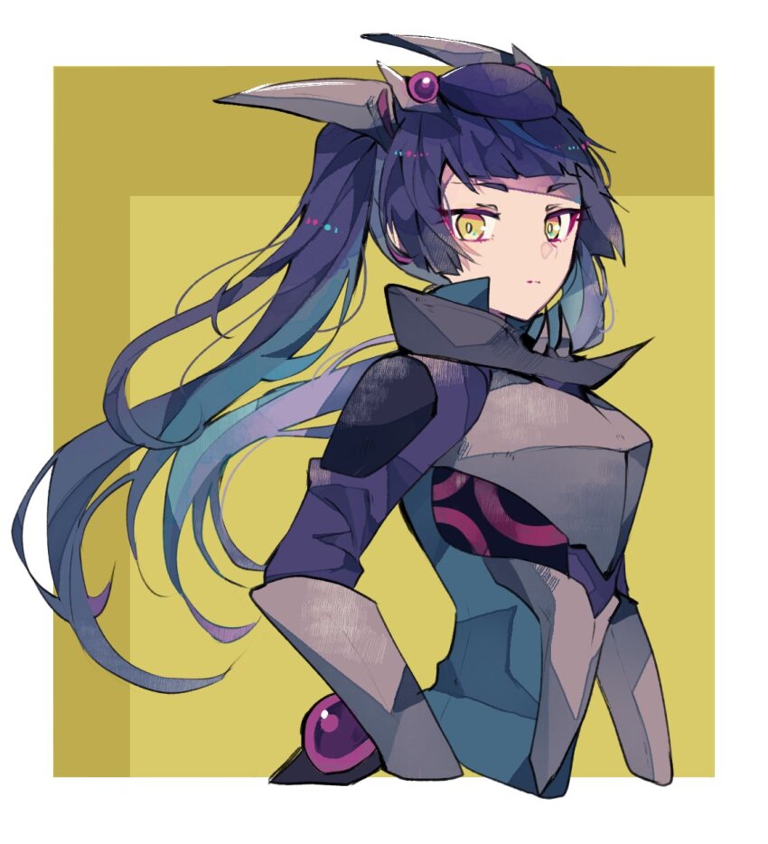 1girl armor black_hair blue_hair border breastplate cosplay cropped_arms dark_rebellion_xyz_dragon dark_rebellion_xyz_dragon_(cosplay) gradient_hair highres long_hair long_sleeves multicolored_hair original purple_hair shoulder_plates solo teketeke_(tasutekete) twintails upper_body white_border yellow_eyes yu-gi-oh! yu-gi-oh!_cross_duel