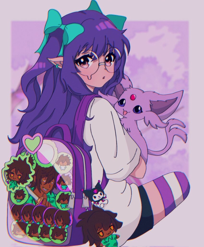 1girl backpack badge bag black_shorts ear_piercing espeon female_focus gen_2_pokemon glasses green_ribbon hair_ribbon highres holding holding_pokemon joshuathefruit long_hair looking_at_viewer looking_back nintendo piercing pointy_ears pokemon pokemon_(creature) purple_hair ribbon round_eyewear shin_subarashiki_kono_sekai shorts sitting solo striped_clothes striped_thighhighs subarashiki_kono_sekai thighhighs twintails usui_nagi