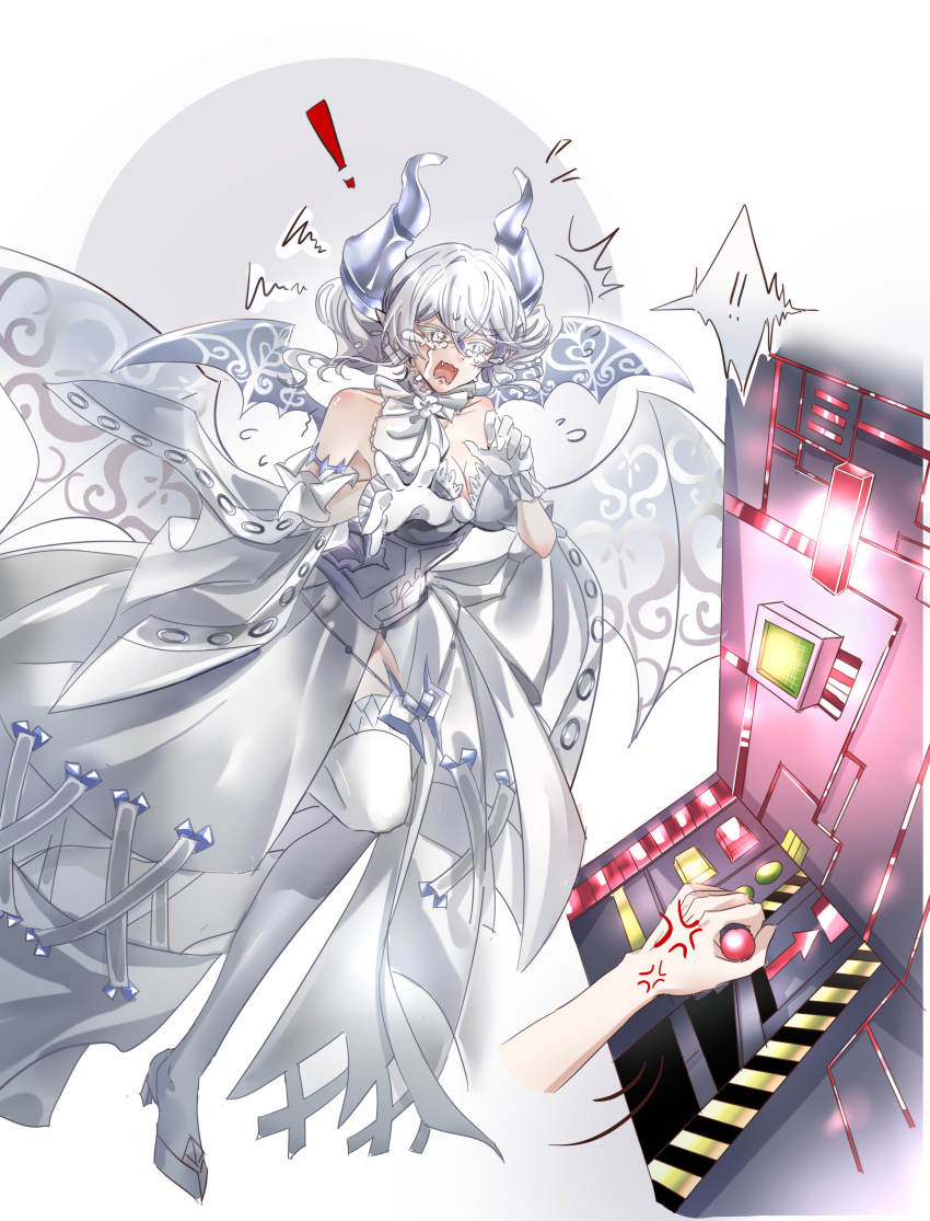 1girl absurdres anger_vein bare_shoulders breasts cleavage demon_girl demon_horns demon_wings disembodied_hand dress drill_hair duel_monster earrings full_body gameplay_mechanics grey_eyes grey_hair highres horns jewelry large_breasts lovely_labrynth_of_the_silver_castle pointy_ears red_reboot solo_focus strapless strapless_dress tears thighhighs twin_drills white_dress white_thighhighs wings yu-gi-oh! zhuo_yan_xing_ling_xian