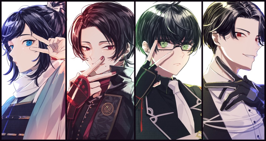 10s 4boys black_gloves black_hair blue_eyes brown_hair buzen_gou collared_shirt column_lineup earrings fingerless_gloves gloves green_eyes grin highres jewelry kashuu_kiyomitsu kotegiri_gou male_focus mole mole_on_neck mole_under_eye mole_under_mouth multiple_boys nail_polish necktie ponytail red_eyes red_nails scarf shirt smile touken_ranbu trait_connection upper_body v v_over_eye yamada_chickenko yamato-no-kami_yasusada