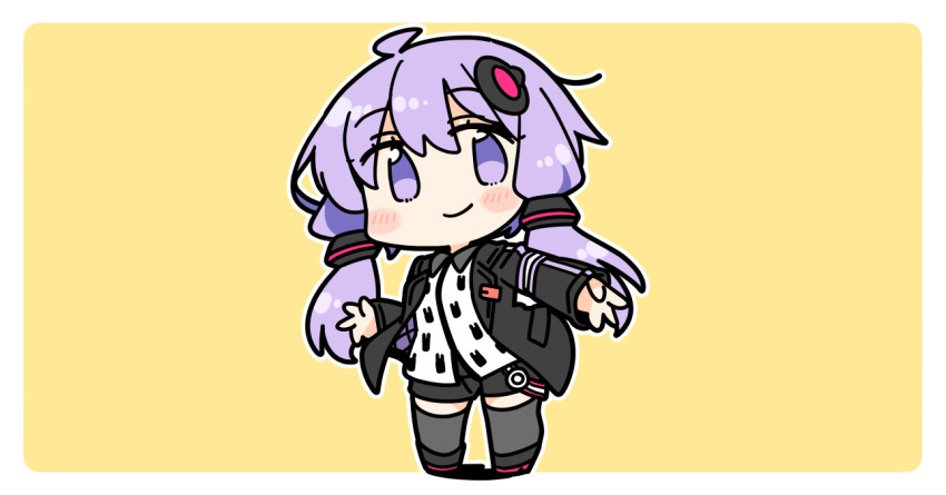 1girl a.i._voice ahoge animal_print black_jacket black_shoes black_shorts blush border chibi chibi_only closed_mouth collared_shirt contrast_collar full_body grey_thighhighs hair_ornament ini_(inunabe00) jacket long_sleeves looking_at_viewer open_clothes open_jacket outline outside_border outstretched_arm print_shirt purple_eyes purple_hair rabbit_print shirt shoes short_hair_with_long_locks shorts sidelocks simple_background smile solo standing thighhighs voiceroid white_border white_outline white_shirt yellow_background yuzuki_yukari yuzuki_yukari_(a.i._voice)