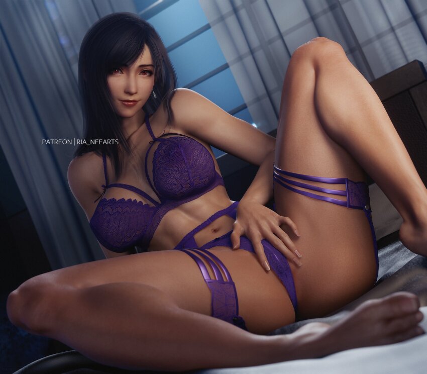 1girl 3d alternate_costume arm_behind_back bare_arms bare_shoulders barefoot bed_sheet black_hair blurry blurry_foreground bra breasts closed_mouth collarbone commentary curtains earrings feet final_fantasy final_fantasy_vii final_fantasy_vii_remake foot_out_of_frame hand_on_own_crotch highres indoors jewelry knee_up large_breasts lingerie lips long_hair looking_at_viewer midriff navel night night_sky panties patreon_username purple_bra purple_panties red_eyes red_lips ria_(baka-neearts) single_earring sitting sky smile solo spread_legs stomach swept_bangs symbol-only_commentary thigh_strap tifa_lockhart underwear window