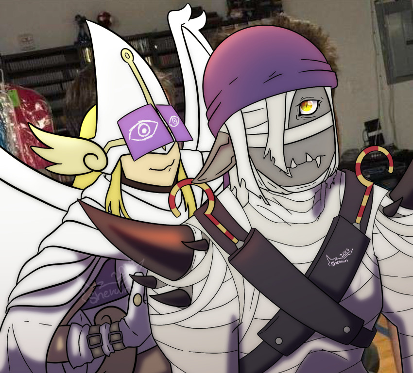 blonde_hair digimon digimon_(creature) highres holyangemon holyangemon_priest_mode looking_at_viewer mask meme mummymon original sharp_teeth smile teeth yellow_eyes