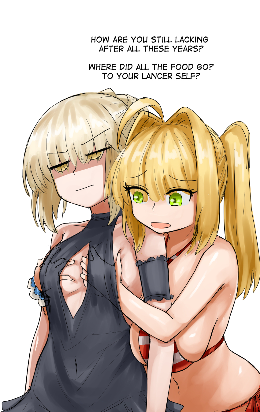 2girls :| absurdres ahoge angra_mainyu_(fate) artoria_pendragon_(fate) bare_shoulders behind_another black_dress blonde_hair breasts closed_mouth corruption dark_persona dress empty_eyes english_text fate/grand_order fate_(series) grabbing_another&#039;s_breast grabbing_from_behind green_eyes groping hair_bun highres large_breasts long_hair medium_breasts multiple_girls navel nero_claudius_(fate) nero_claudius_(swimsuit_caster)_(fate) open_mouth possessed possession saber_alter saber_alter_(final_ascension) simple_background steamingtofu swimsuit yellow_eyes