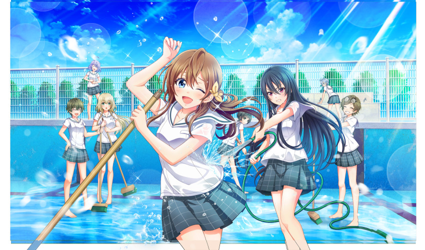 6+girls :d ;d ^_^ arihara_tsubasa asada_aoi black_hair blue_eyes bow broom brown_hair cinderella_series cleaning cleaning_brush clenched_teeth closed_eyes cloud empty_pool eyewear_on_head game_cg grey_skirt grin hachigatsu_no_cinderella_nine hair_between_eyes hair_bow hase_maria highres holding holding_broom holding_hose hose kawakita_tomoe lens_flare light_rays long_hair multiple_girls nakano_ayaka no_neckwear non-web_source nozaki_yuuki official_art one_eye_closed open_mouth outdoors plaid_clothes plaid_skirt pleated_skirt pool red_eyes sailor_collar satogahama_school_uniform school_uniform serafuku shinonome_ryo shirt short_sleeves skirt smile solo_focus sparkle splashing summer_uniform sunbeam sunlight taketomi_aya teeth v-shaped_eyebrows water wet wet_clothes wet_shirt white_sailor_collar white_shirt yellow_bow
