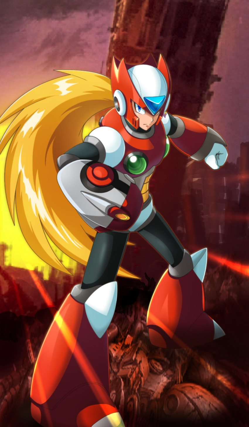 1boy android armor blonde_hair blue_eyes chest_jewel forehead_jewel gyakutenndokei2 helmet highres long_hair looking_at_viewer mega_man_(series) mega_man_x1 mega_man_x_(series) ponytail red_armor red_helmet skyline solo standing sunset weapon zero_(mega_man)