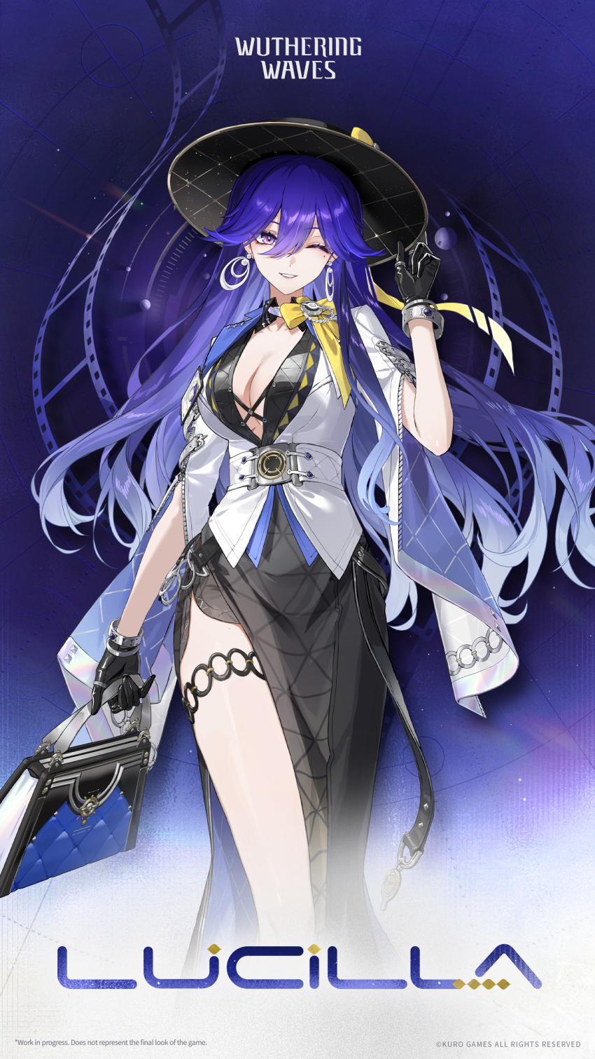 1girl absurdres bag black_dress black_gloves black_hat black_skirt bracelet breasts character_name cleavage commentary copyright_notice dress earrings english_commentary english_text gloves gradient_hair hair_between_eyes hand_on_own_hat hand_up hat highres holding holding_bag jacket jewelry large_breasts logo long_hair long_skirt looking_at_viewer lucilla_(wuthering_waves) mole mole_under_eye multicolored_hair official_art one_eye_closed parted_lips purple_eyes purple_hair skirt smile solo thighlet thighs white_jacket wuthering_waves