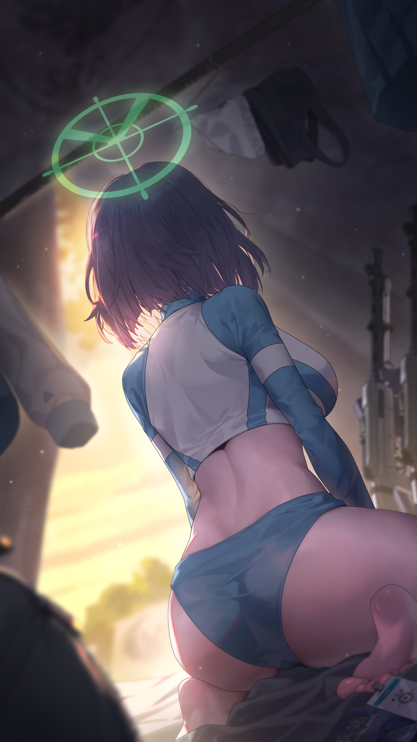 1girl absurdres ass bare_legs barefoot blue_archive breasts clothes_hanger commentary crop_top facing_viewer halo highres id_card jacket lahti-saloranta_m/26 large_breasts long_sleeves median_furrow panties purple_hair rash_guard saki_(blue_archive) saki_(swimsuit)_(blue_archive) short_hair skirt soles solo sushispin tent_interior toes underwear unworn_camisole unworn_jacket unworn_panties unworn_skirt weapon_request white_panties