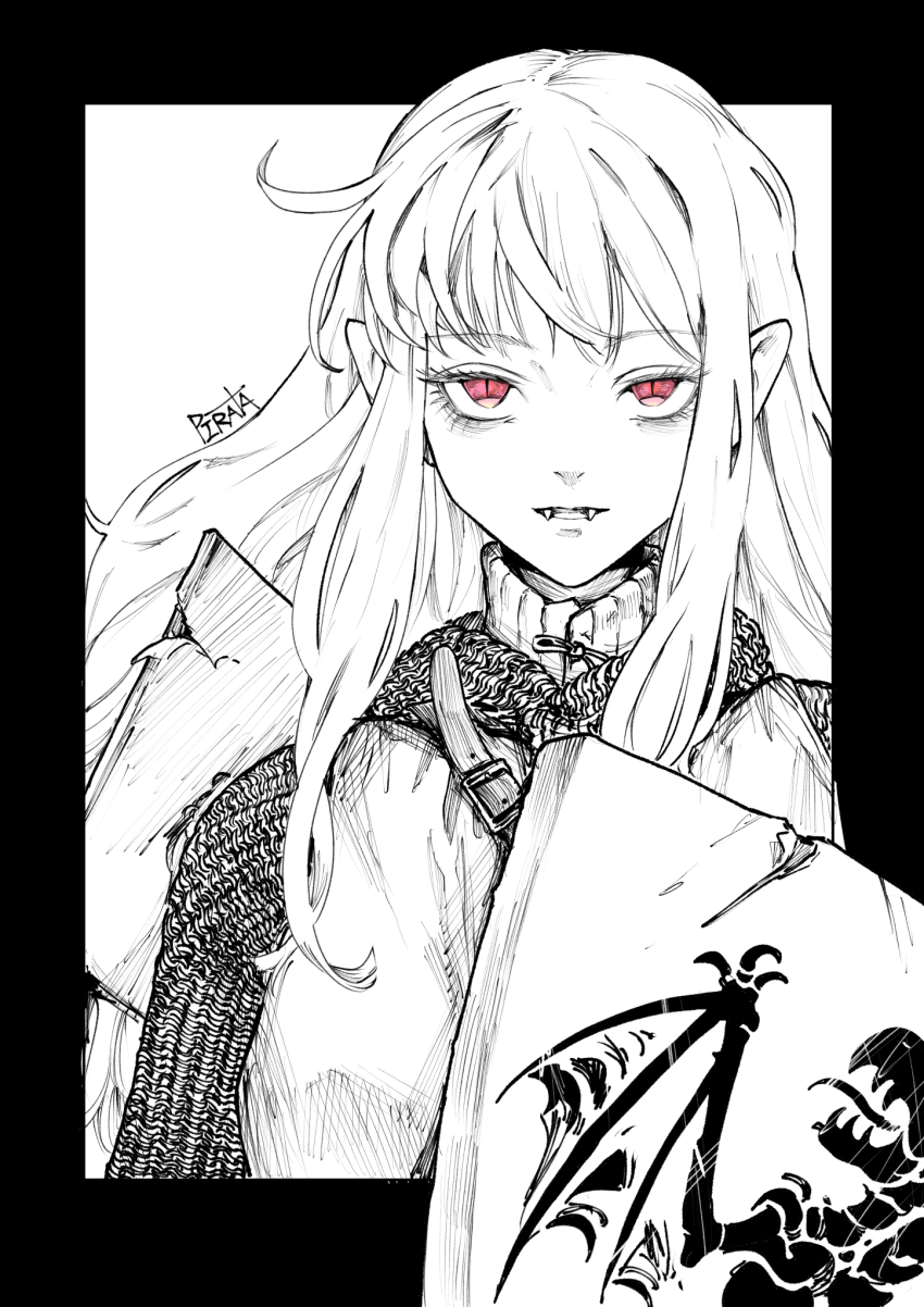 1girl armor artist_name belt chainmail fangs highres long_hair looking_at_viewer original pirata_(gailtonatiu) pointy_ears purple_eyes red_eyes shield sidelocks signature simple_background slit_pupils solo spot_color tabard white_background